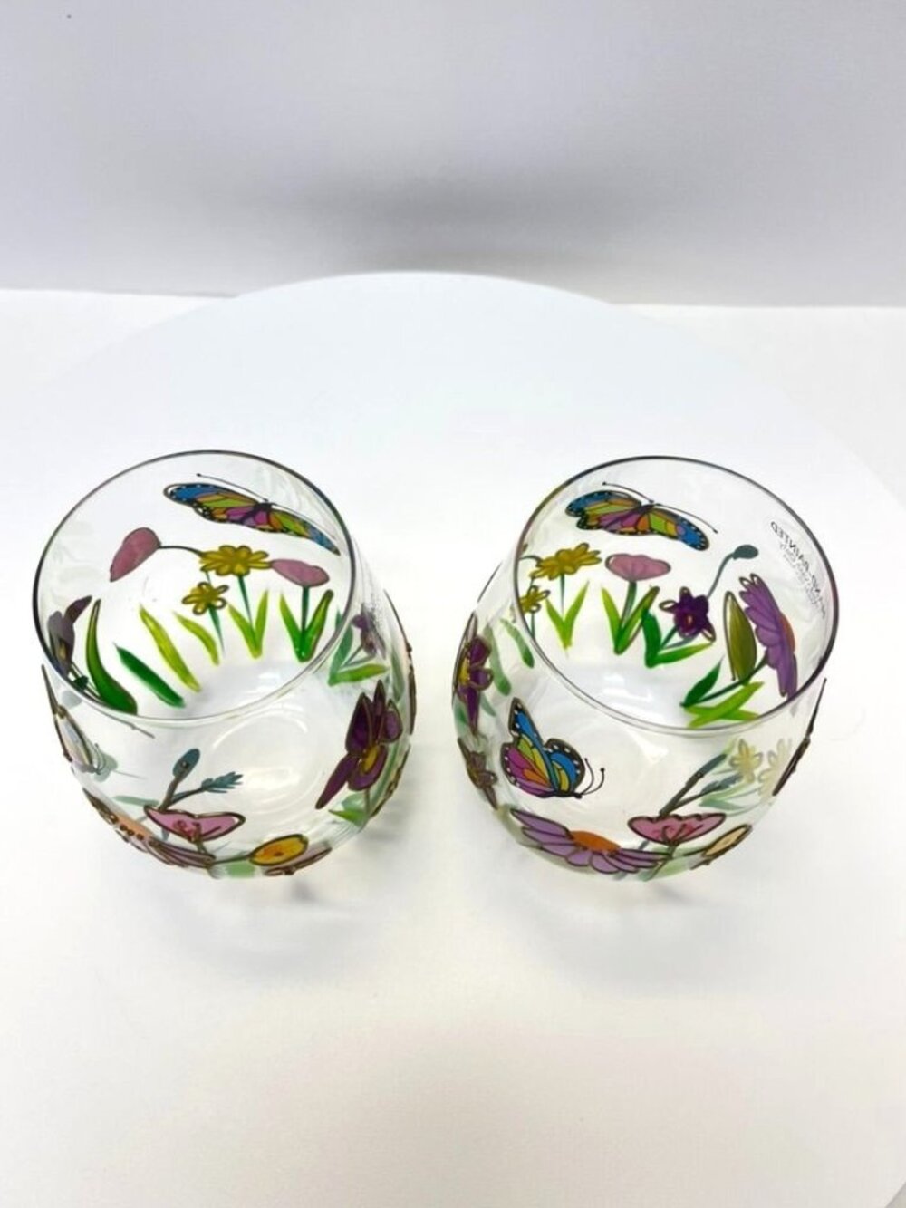 Set 2 Hand Painted Floral Butterfly Stemless Wine Glasses - Picture 5 of 7